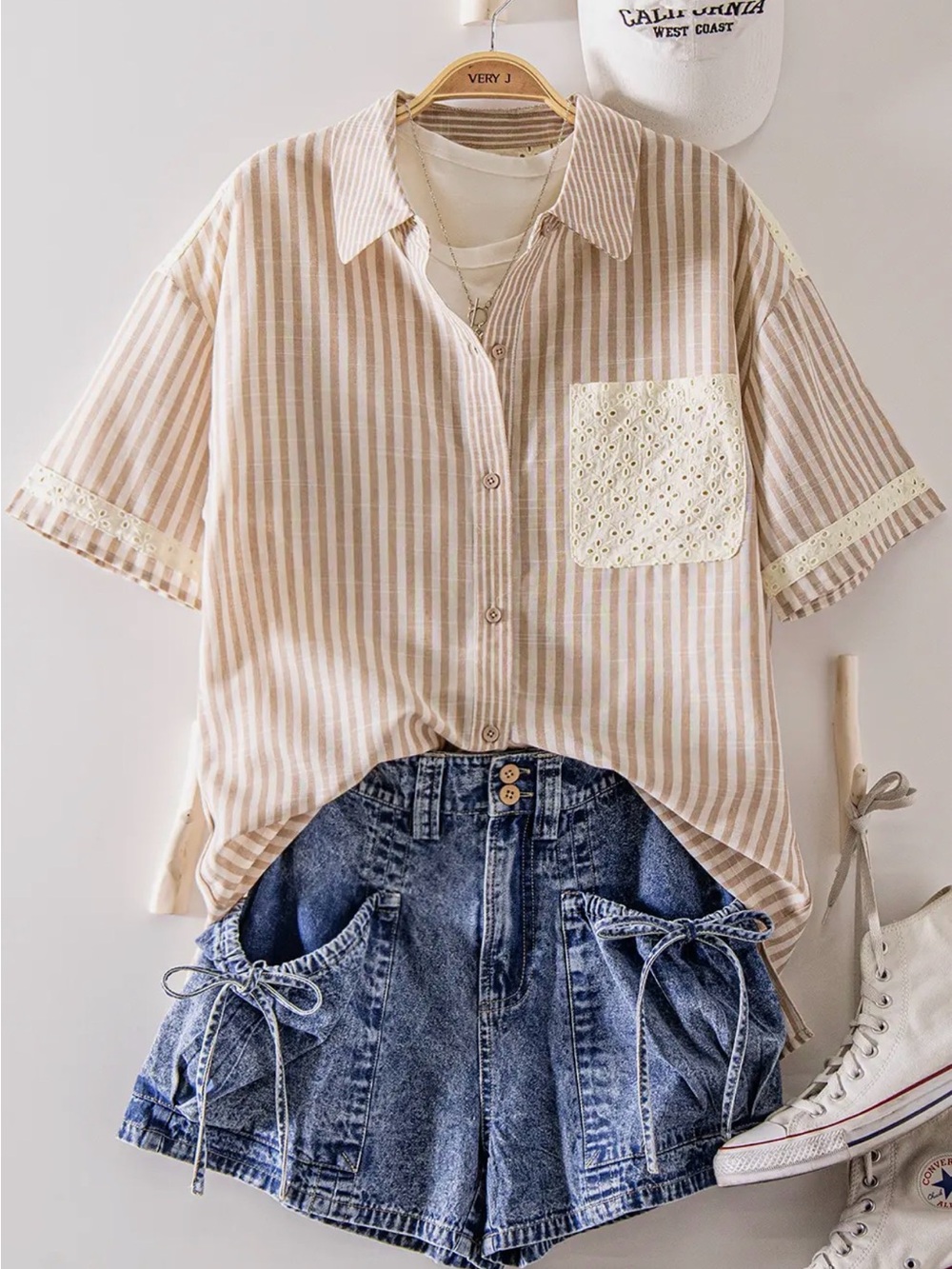 Beige and White Button-Up Top